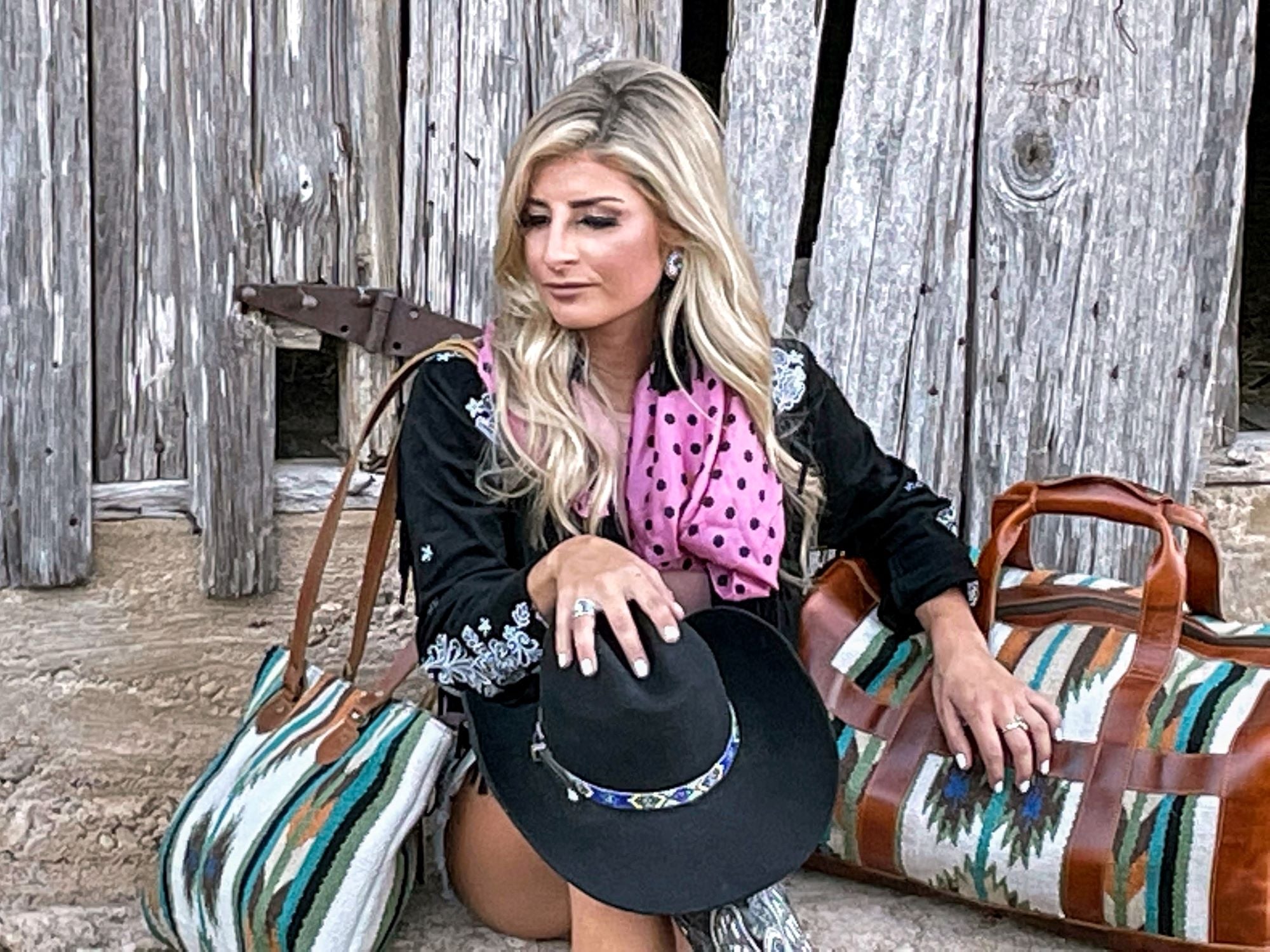 Bundle Deal - The Aspen Southwestern Leather Aztec Weekender Duffel Bag + Large Handwoven Wool Boho Tote - Ranch Junkie Mercantile LLC